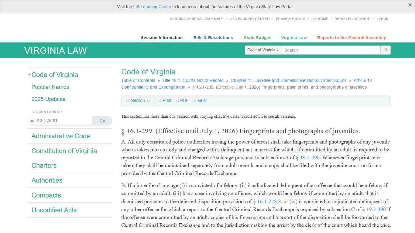 § 16.1-299. (Effective July 1, 2026) Fingerprints, palm prints, and photographs of juveniles