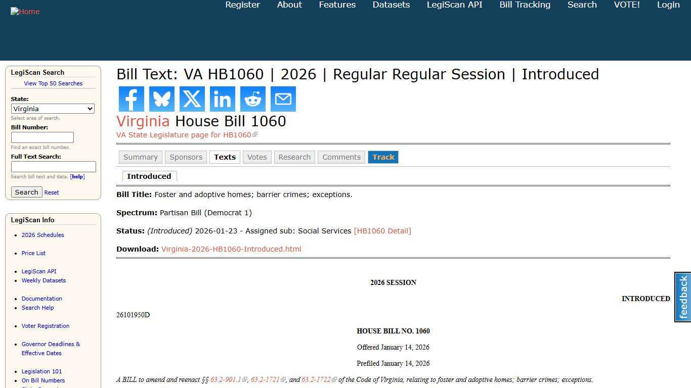 Bill Text: VA HB1060 2026 Regular Regular Session Introduced LegiScan